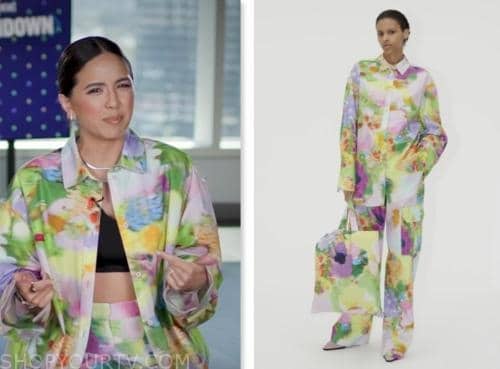 erin lim, abstract printed shirt and pants, e! news