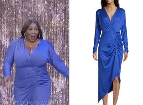 bevy smith, blue ruched satin wrap dress, tamron hall show
