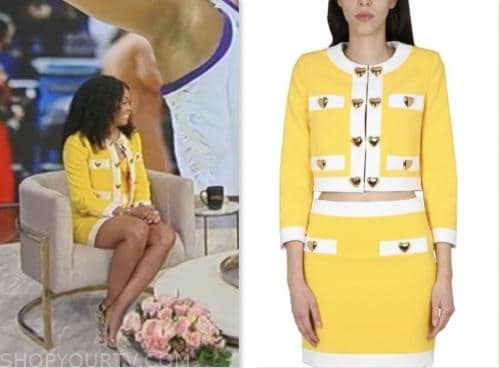 Monique Rodriguez, tamron hall show, yellow heart button jacket and skirt