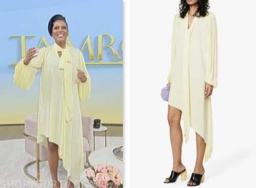 tamron hall show, tamron hall, yellow tie neck asymmetric dress