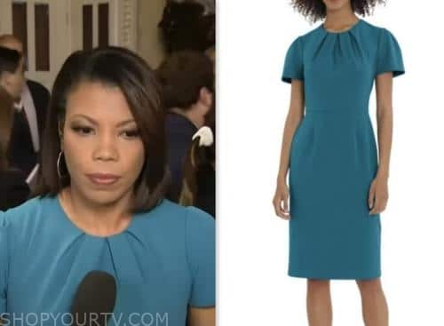 nikole killion, cbs mornings, teal pleated sheath dress