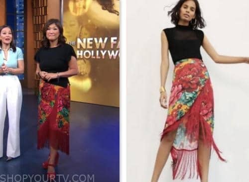 Good Morning America: May 2023 Juju Chang's Red Floral Fringe Skirt ...