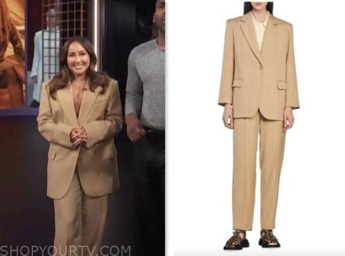 E! news, camel blazer and pant suit, adrienne bailon houghton