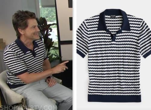 rob lowe, E! news, blue and white polo shirt