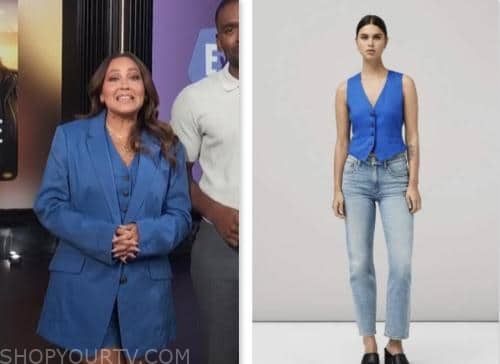adrienne bailon houghton, blue linen vest, E! news