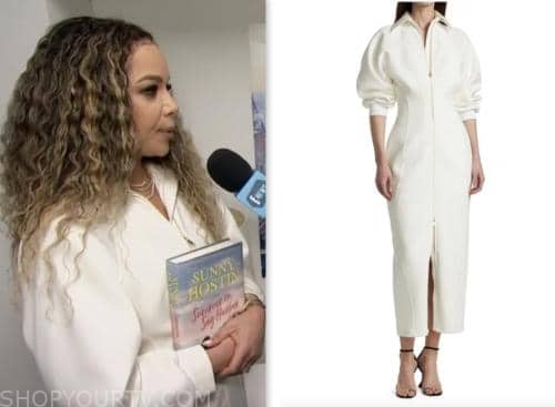 E! news, sunny hostin, ivory white zip-front knit midi dress