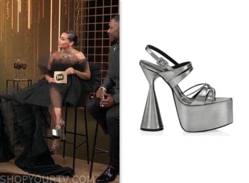 E! news, adrienne bailon houghton, silver platform sandals heels