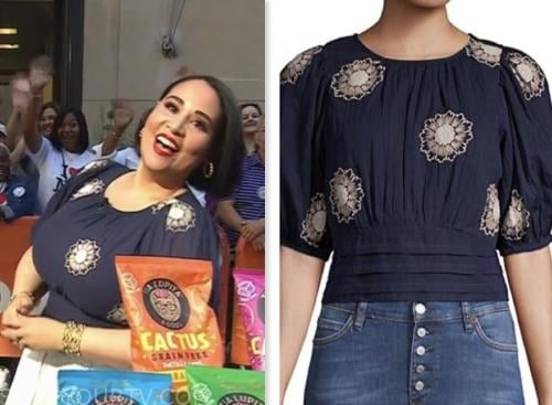 alejandra ramos, the today show, navy blue embroidered puff sleeve top