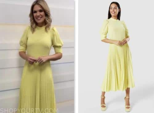 charlotte hawkins, yellow knit pleated dress, good morning britain