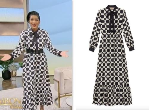 tamron hall show, tamron hall, black and white geometric tie neck dress