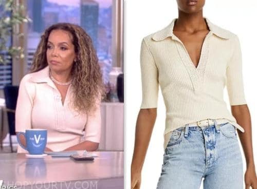 the view, sunny hostin, ivory crochet knit polo shirt