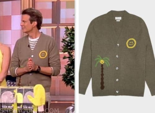 adam glassman, olive green smiley face cardigan sweater, the view