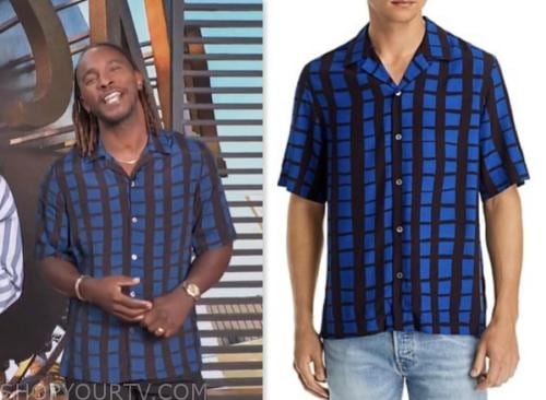 scott evans, access hollywood, blue and black printed camp shirt