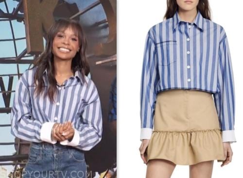 access hollywood, blue striped crop shirt, zuri hall