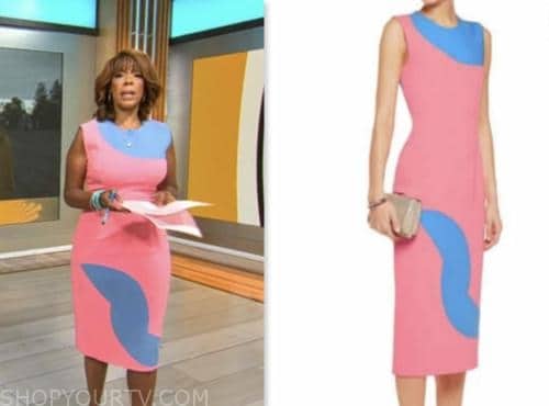 cbs mornings, pink and blue colorblock sheath dress, gayle king