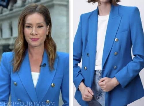 rebecca jarvis, good morning america, blue double breasted blazer