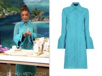 tinx, blue lace bell sleeve dress, drew barrymore show