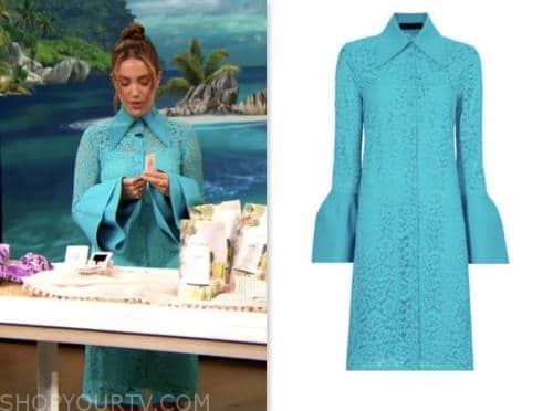 tinx, blue lace bell sleeve dress, drew barrymore show