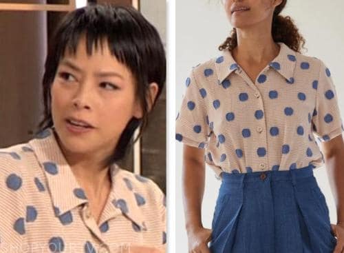 pilar valdes, drew barrymore show, pink and blue geometric shirt