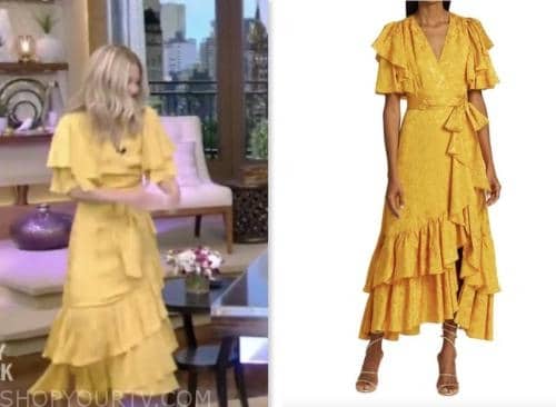 live with kelly and mark, kelly ripa, yellow ruffle satin wrap midi dress
