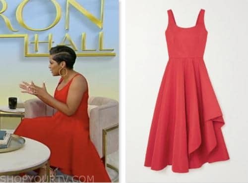 tamron hall show, tamron hall, red asymmetric midi dress