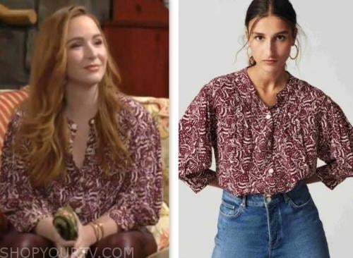 mariah copeland, camryn grimes, the young and the restless, burgundy printed shirt blouse