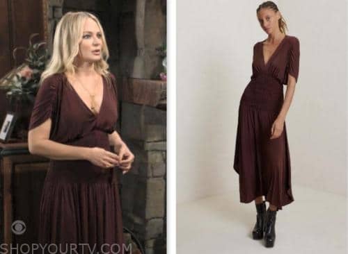 sharon newman, sharon case, the young and the restless, burgundy brown midi dress