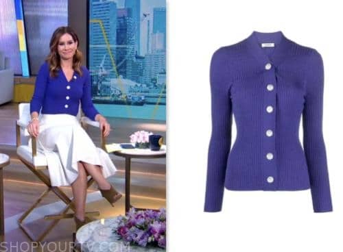 good morning america, blue purple ribbed button trim cardigan, rebecca jarvis