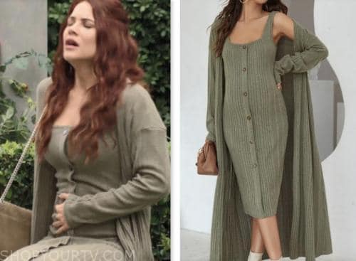 sally spectra, courtney hope, green ribbed knit dress and cardigan sweater, the young and the restless