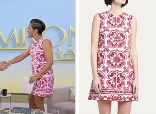 tamron hall show, tamron hall, pink and white tile print shift dress