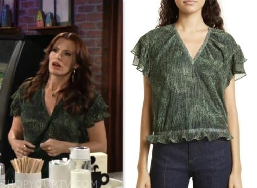 chelsea newman, melissa claire egan, the young and the restless, green metallic ruffle top