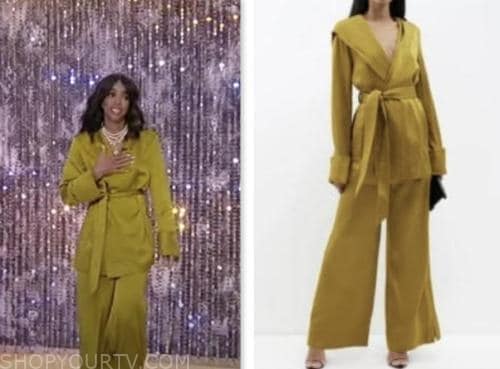 kelly rowland, the tamron hall show, gold yellow satin hooded jacket and pant suit