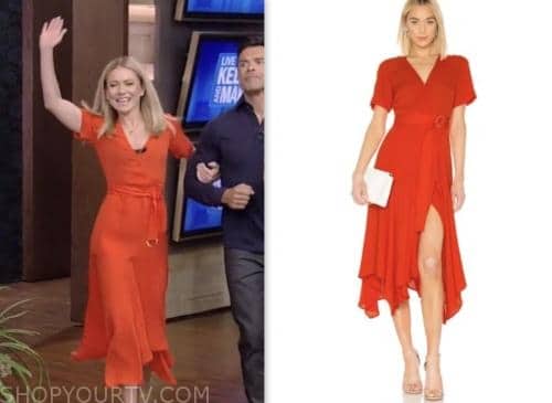 kelly ripa, red wrap midi dress, live with kelly and mark