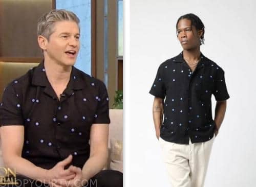 David Burtka, tamron hall show, black and blue printed shirt