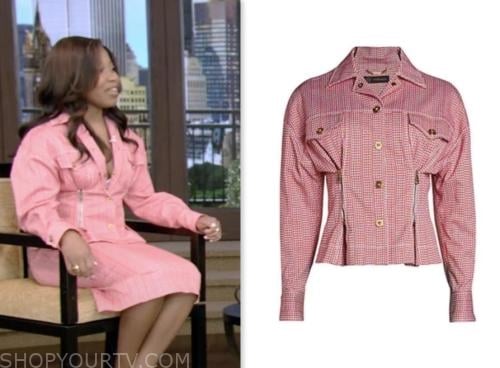 Dominique Fishback, live with kelly and mark, red houndstooth gingham jacket and skirt