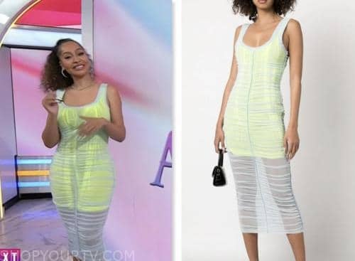 la la anthony, the today show, hoda and jenna, yellow and blue ruched mesh overlay midi dress