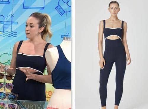 Jacqueline Andriakos, the today show, hoda and jenna, navy blue contrast trim cutout bodysuit jumpsuit