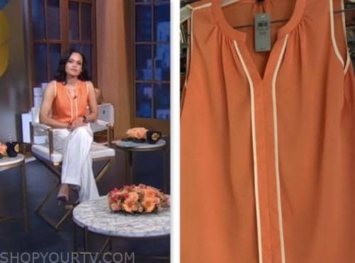 good morning america, orange contrast trim top, lindsey davis