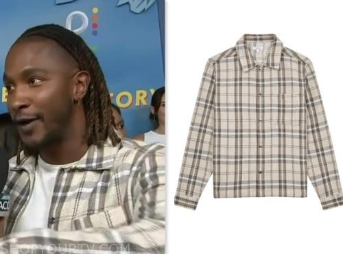 access hollywood, scott evans, plaid ivory shirt jacket