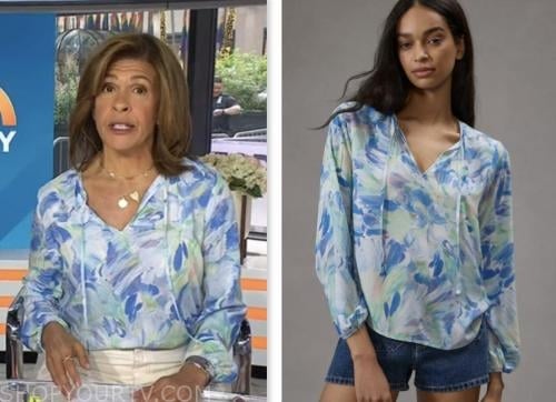 the today show, hoda kotb, under 100, blue printed tie neck blouse, hoda and jenna