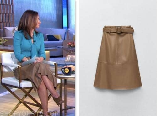 rebecca jarvis, good morning america, tan leather belted skirt