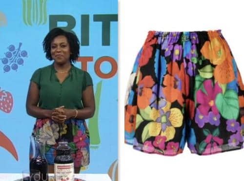 maya feller, good morning america, black floral shorts