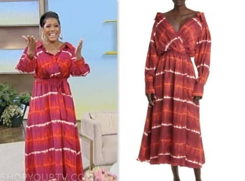 tamron hall show, tamron hall, red tie dye midi dress