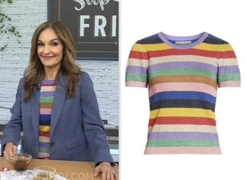 the today show, joy bauer, rainbow stripe metallic sweater top