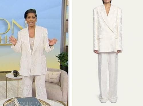 tamron hall show, tamron hall, white jacquard blazer and pant suit