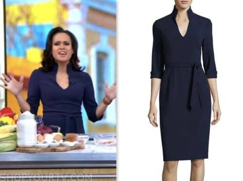 linsey davis, good morning america, navy blue tie waist sheath dress