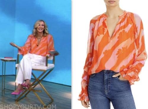 lara spencer, good morning america, orange and pink printed top