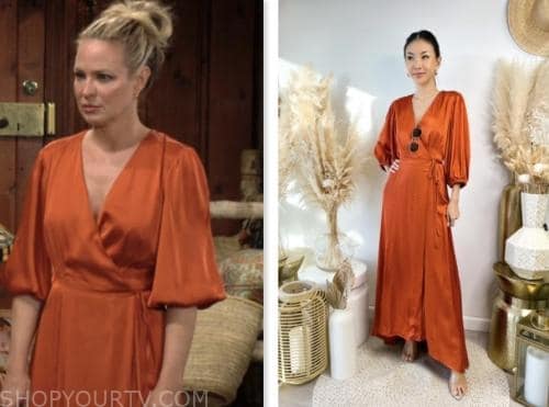 sharon newman, sharon case, the young and the restless, orange satin wrap dress