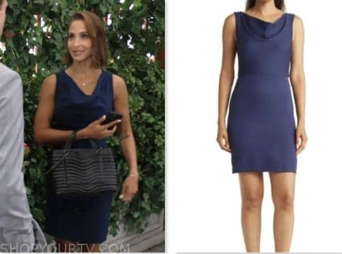 christel khalil, lily winters, the young and the restless, navy cowl drape dress