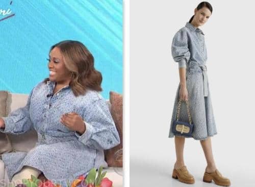 sherri shepherd, sherri, denim monogram shirt dress